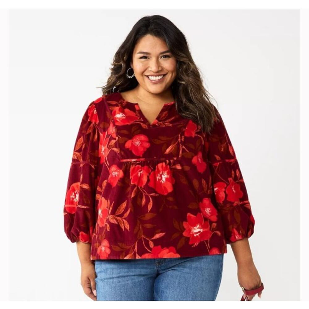 NWT Sonoma‎ Goods For Life Notchneck Long Sleeve Floral Corduroy Top Women's 2X